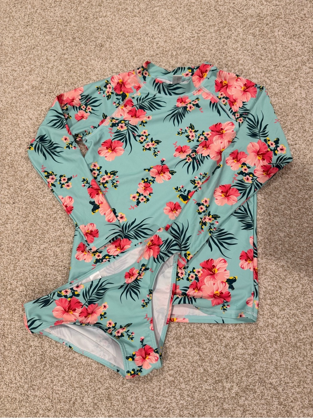 Kids Aqua Floral Rash Guard Set - Pink Hibiscus on Mint